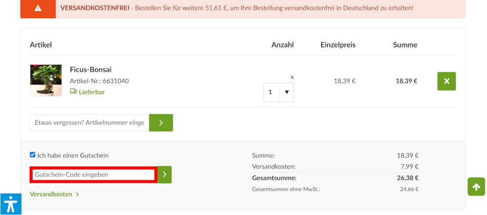 Warenkorb von AS Garden mit rotmarkiertem Eingabefeld für Rabattcodes