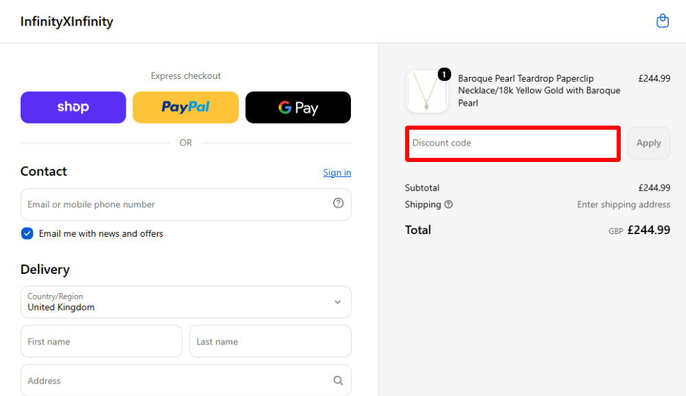 An InfinityXinfinity voucher code box highlighted with a red box on the checkout page