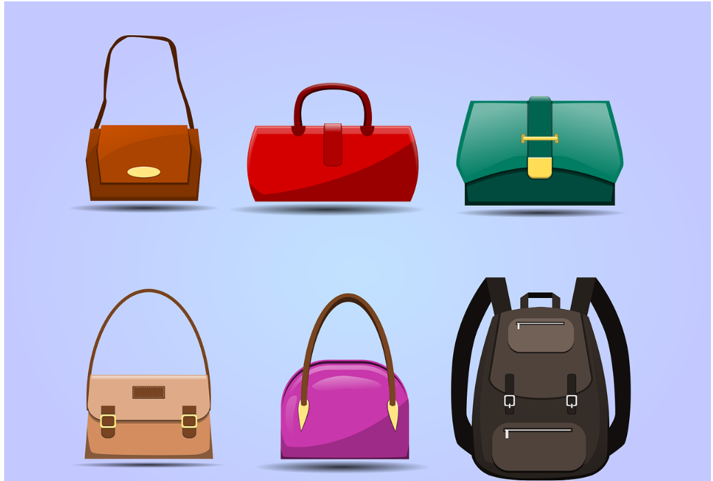 Grafik mit diversen Handtaschen auf blauem Hintergrund
