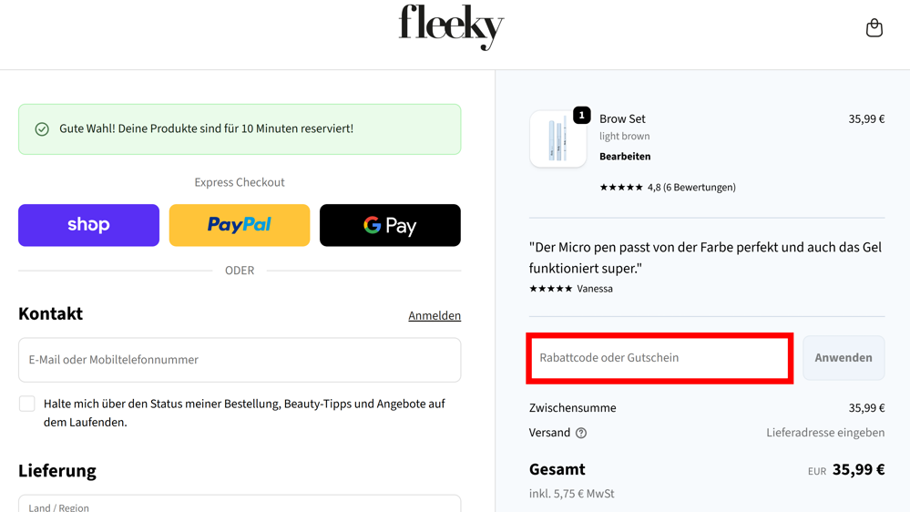 Check-out von fleeky mit einem rotmarkierten Eingabefeld für den Gutschein