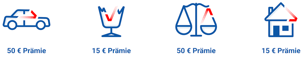 Vier jeweils unterschiedliche Grafik-Symbole, die unter sich einen Prämien-Geldwert zeigen