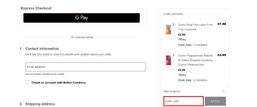 The checkout page for British Condoms, where you paste the code