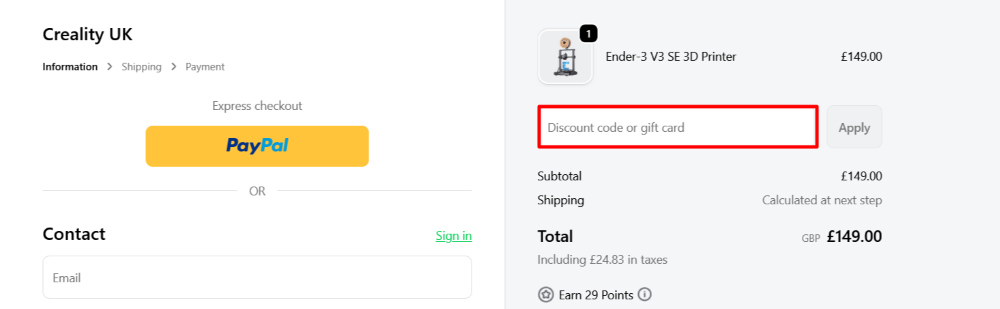 The Creality checkout page, where the code is pasted shown in a red box.