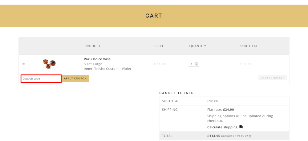 The checkout page for Micucci Interiors, where you paste the code