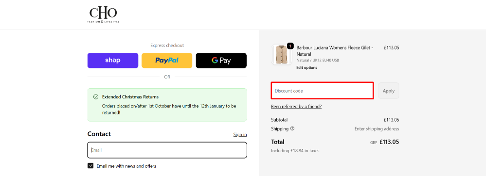The CHO checkout page