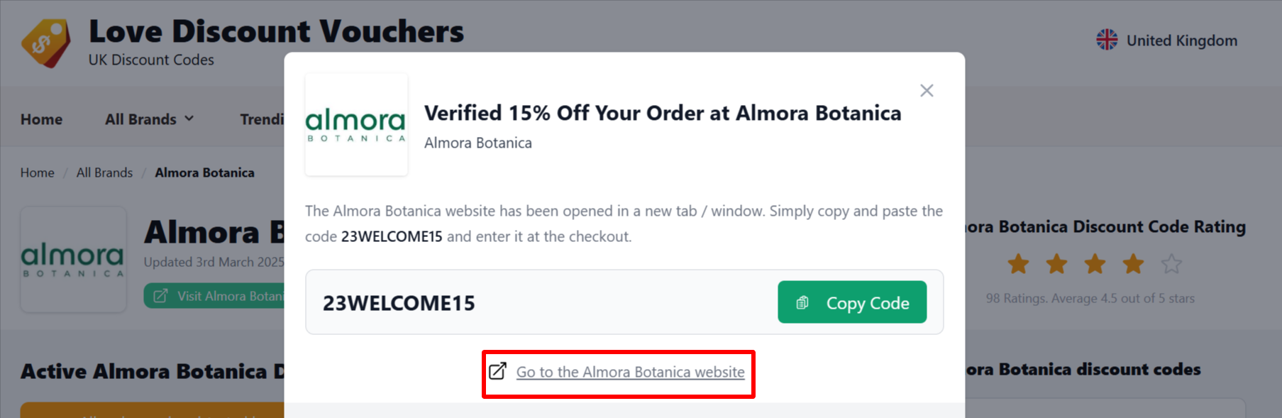 The highlighted red box shows the link that takes you to the Almora Botanica website