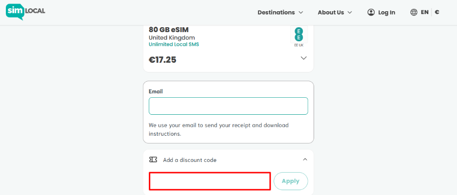 Add your Sim Local promo code to your order and apply it