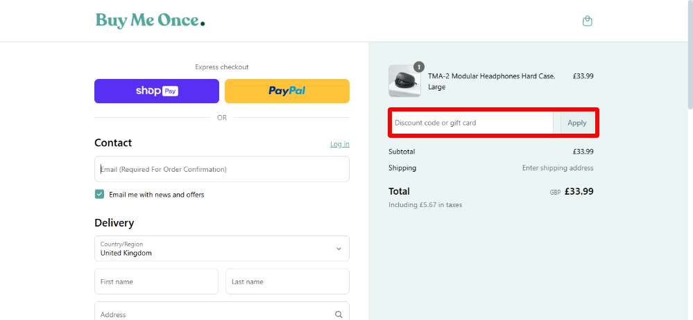 Buy Me Once's checkout page where you apply your Buy Me Once discount code