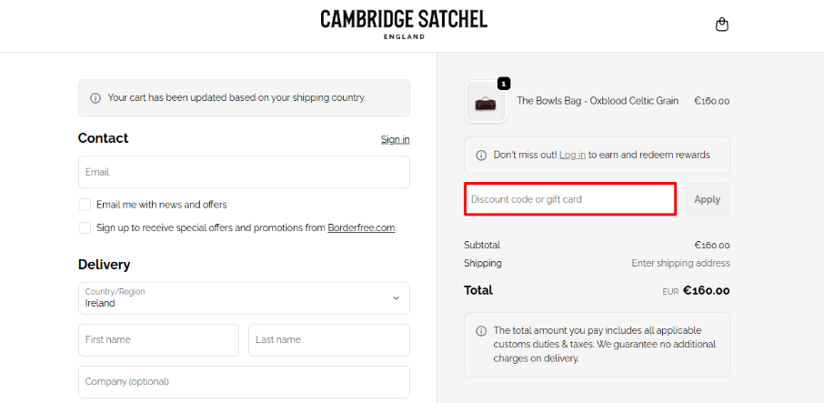 The Cambridge Satchel Co. promo code box highlighted by a red rectangle