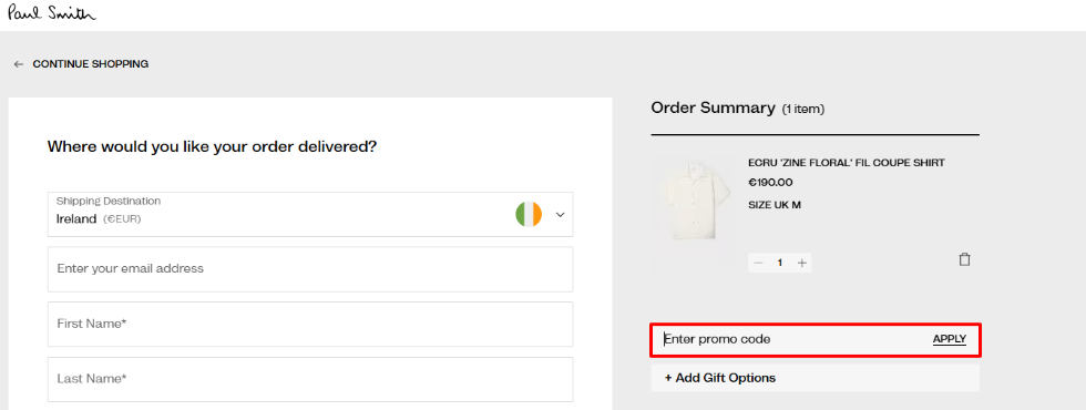 Enter your Paul Smith promo code into the red box