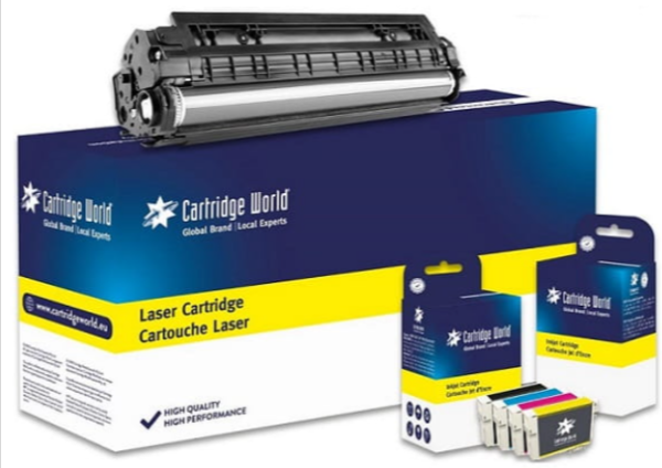 Cartridge World's laser cartridge and other types of cartridges in box packaging