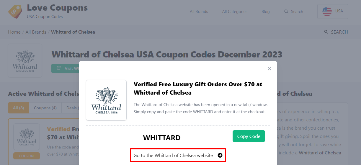 Box displayed on a darkened background of a Whittard of Chelsea discount code with the terms and conditions showing