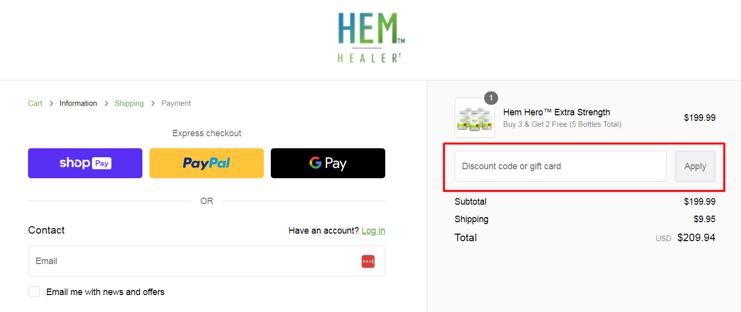 How do I use my Hem Healer discount code?