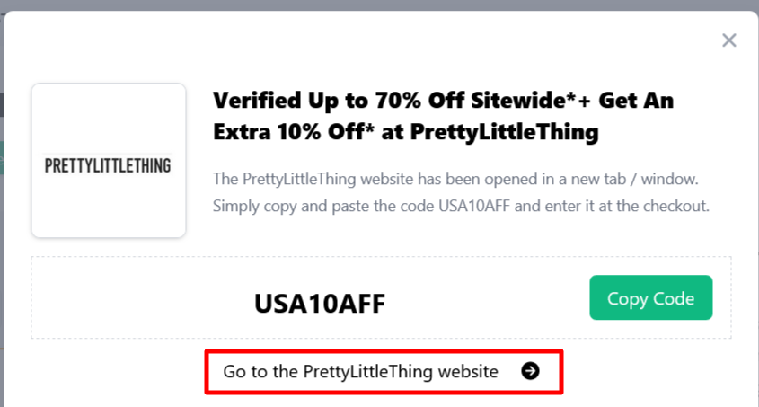 Box displayed on a darkened background of a PrettyLittleThing student discount code with the terms and conditions showing