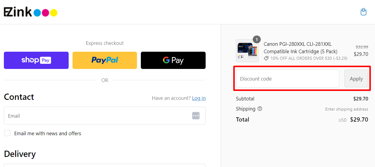 How do I use my E-Z Ink discount code?