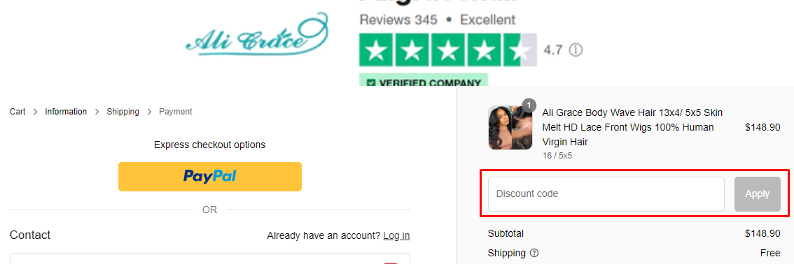 How do I use my Ali Grace Hair discount code?
