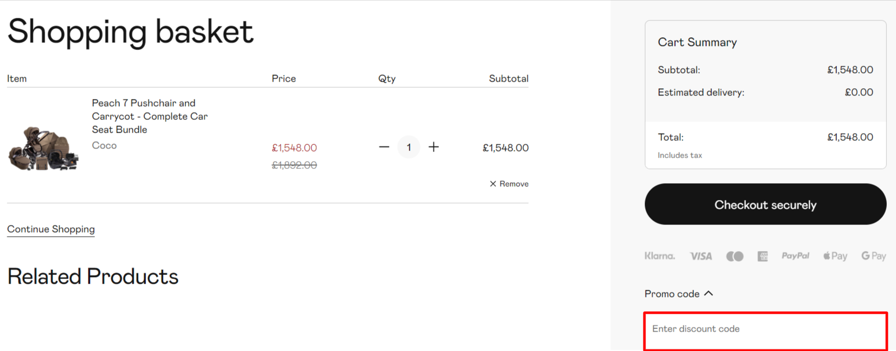 The brand checkout page with where to add the iCandy discount code highlighted with a red box
