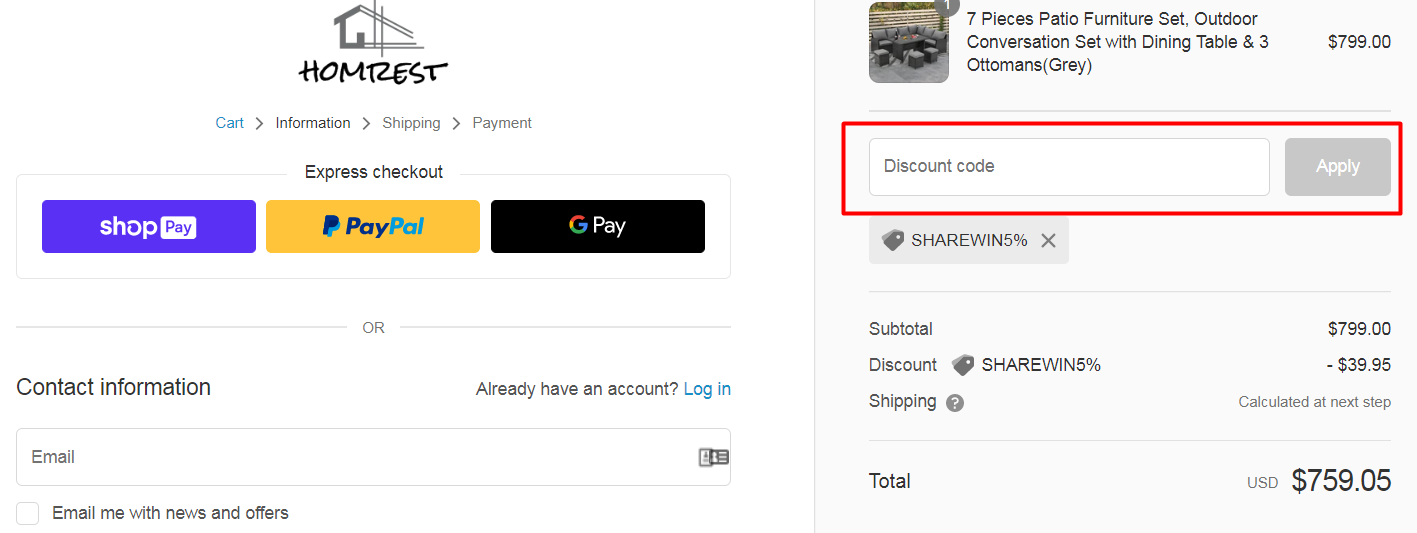 How do I use my HOMREST discount code?