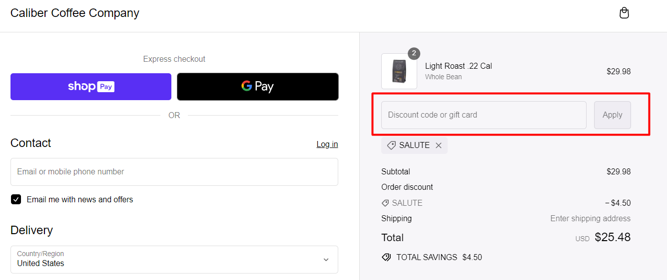 How do I use my Caliber Coffee Company discount code?