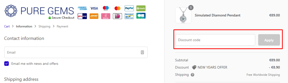 How do I use my Pure Gems discount code?