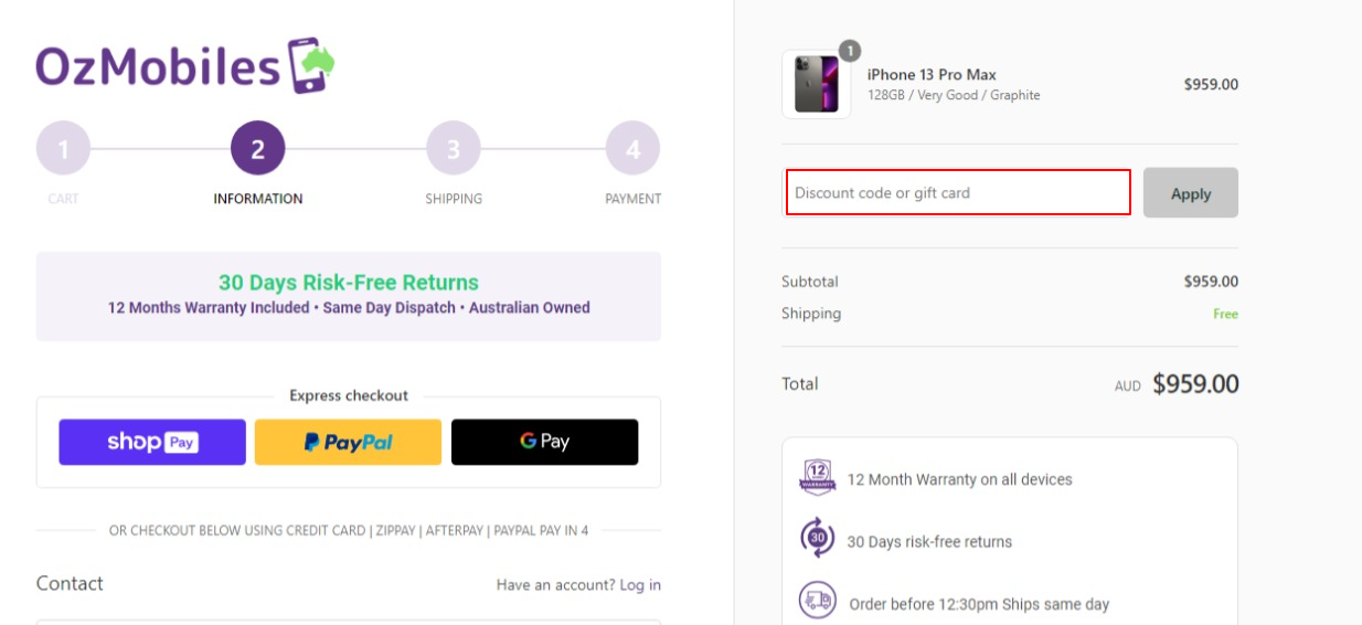 The highlighted red box at the brand checkout page is showing where to add the OzMobiles discount code.