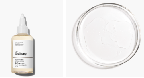 Ein Fläschen mit Glycolic von The Ordinary und eine Probe davon in einer Schale