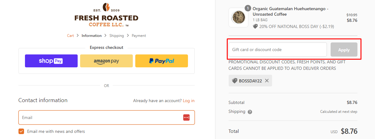 How do I use my Fresh Roasted Coffee discount code?