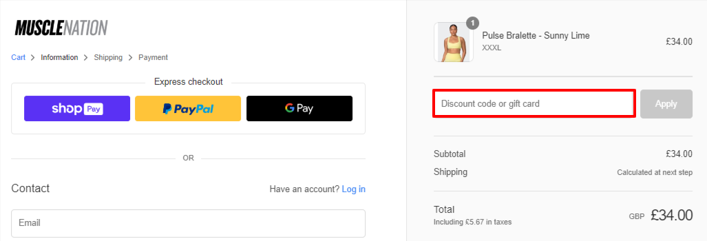 The brand checkout page with where to add the Muscle Nation promo code is highlighted with a red box