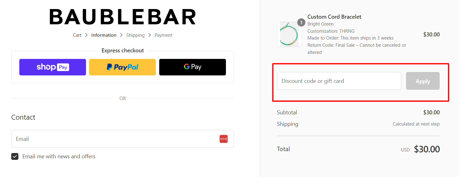 How do I use my BaubleBar discount code?