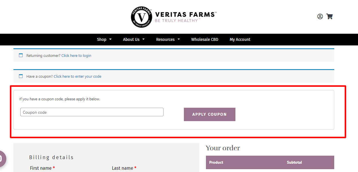 How do I use my VERITAS FARMS coupon code?