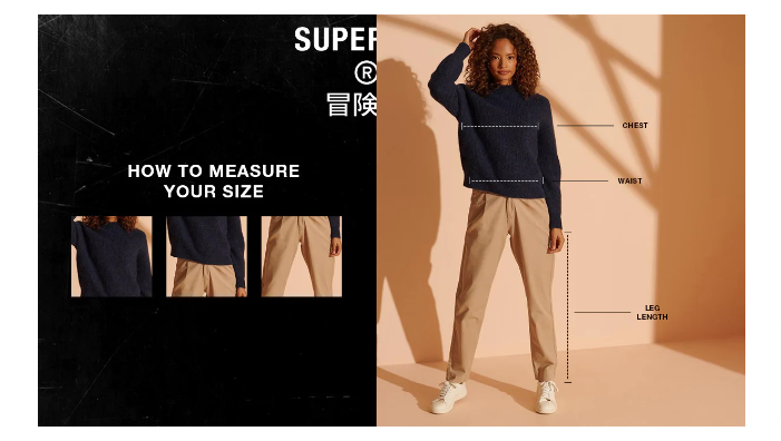 Chest, waist, and leg with a woman standing on the right-hand side, with measure guides showing where exactly to measure from