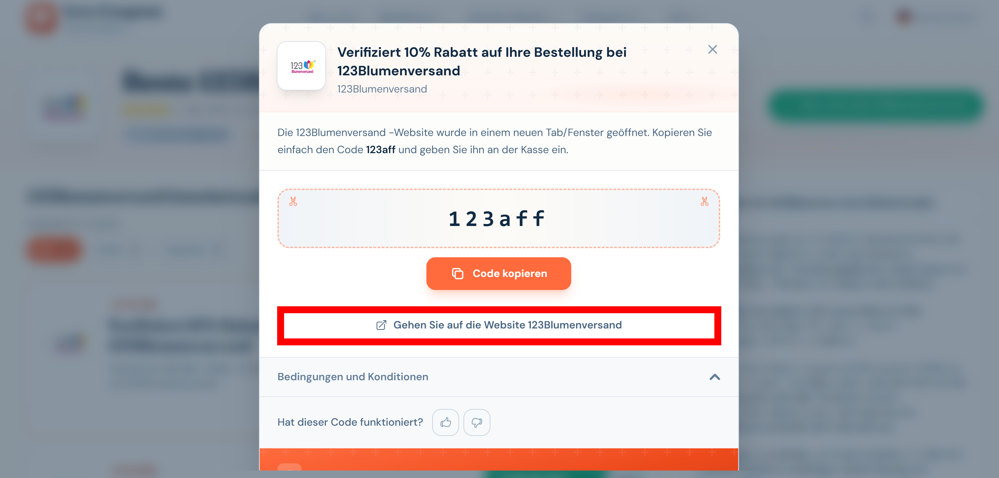 Ein offener Gutschein für 123Blumenversand mit rotmarkiertem Link