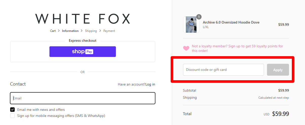 The brand checkout page with where to add the White Fox discount code is highlighted with a red box