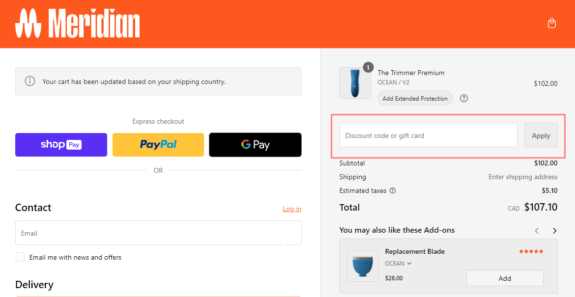 How do I use my Meridian Grooming discount code?