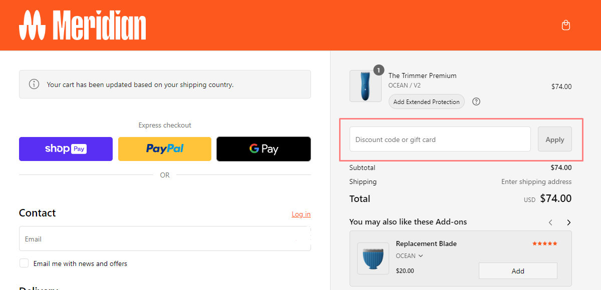 How do I use my Meridian Grooming discount code?