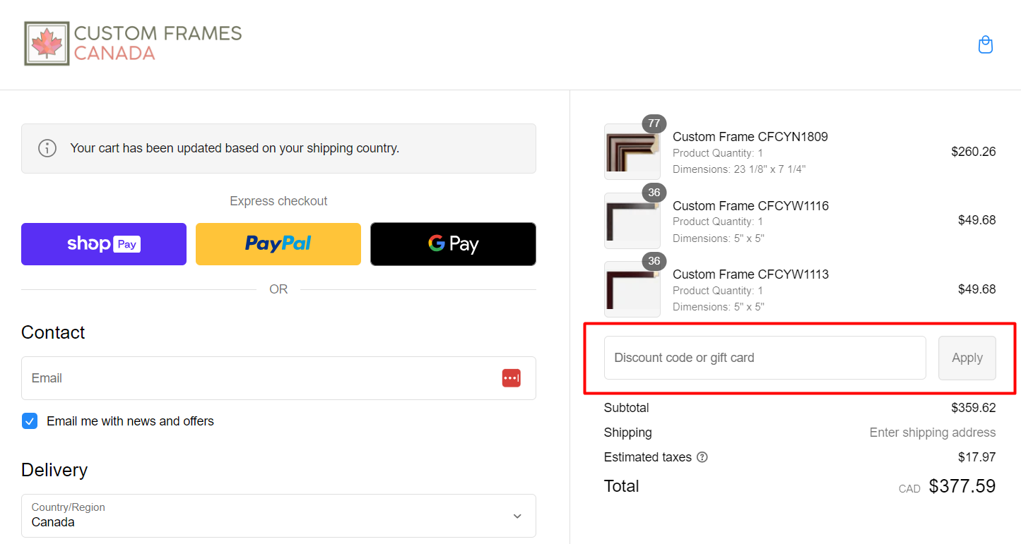 How do I use my Custom Frames discount code?