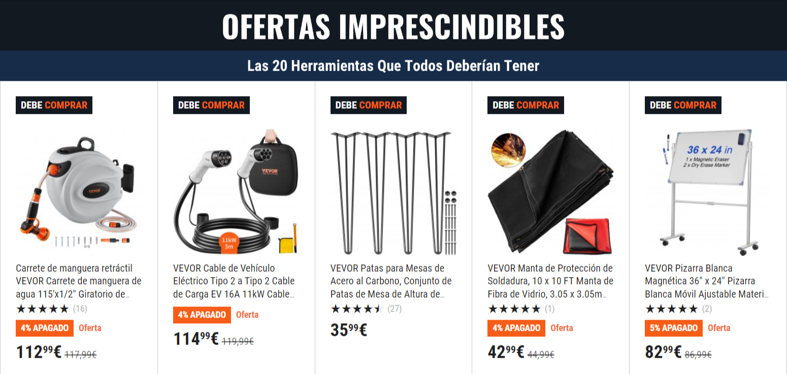 panel que muestra ofertas vevor en la web junto con miniaturas de los productos