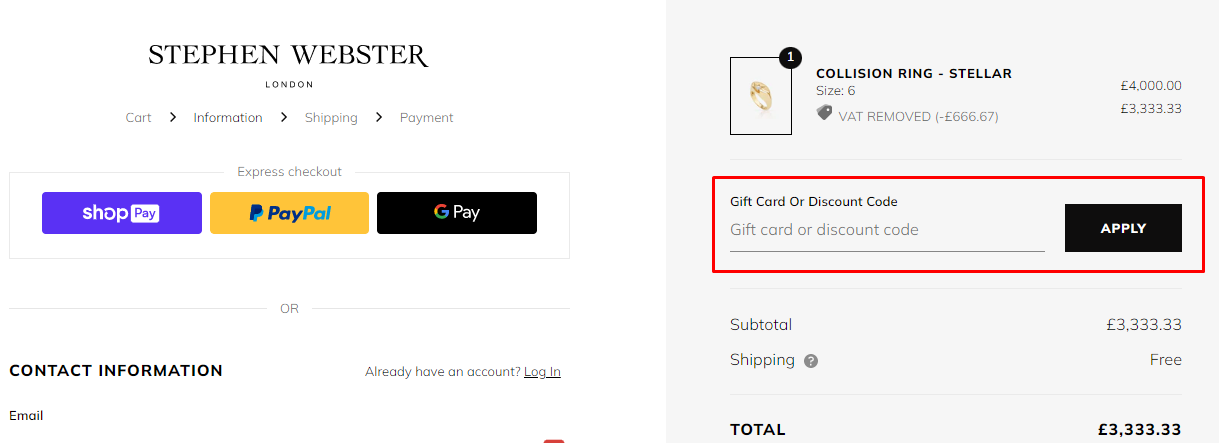 How do I use my Stephen Webster discount code?