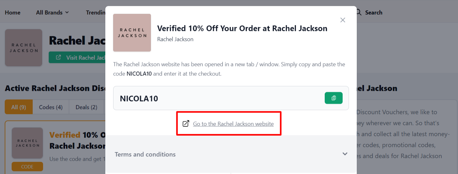 Box displayed on a darkened background of an Rachel Jackson discount code with the terms and conditions showing
