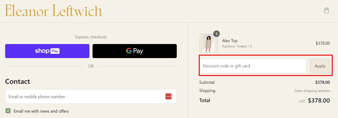 How do I use my Eleanor Leftwich discount code?