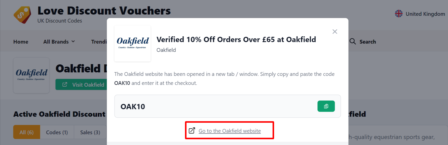 Highlighted in red shows where to find the link that takes you to the Oakfield website.