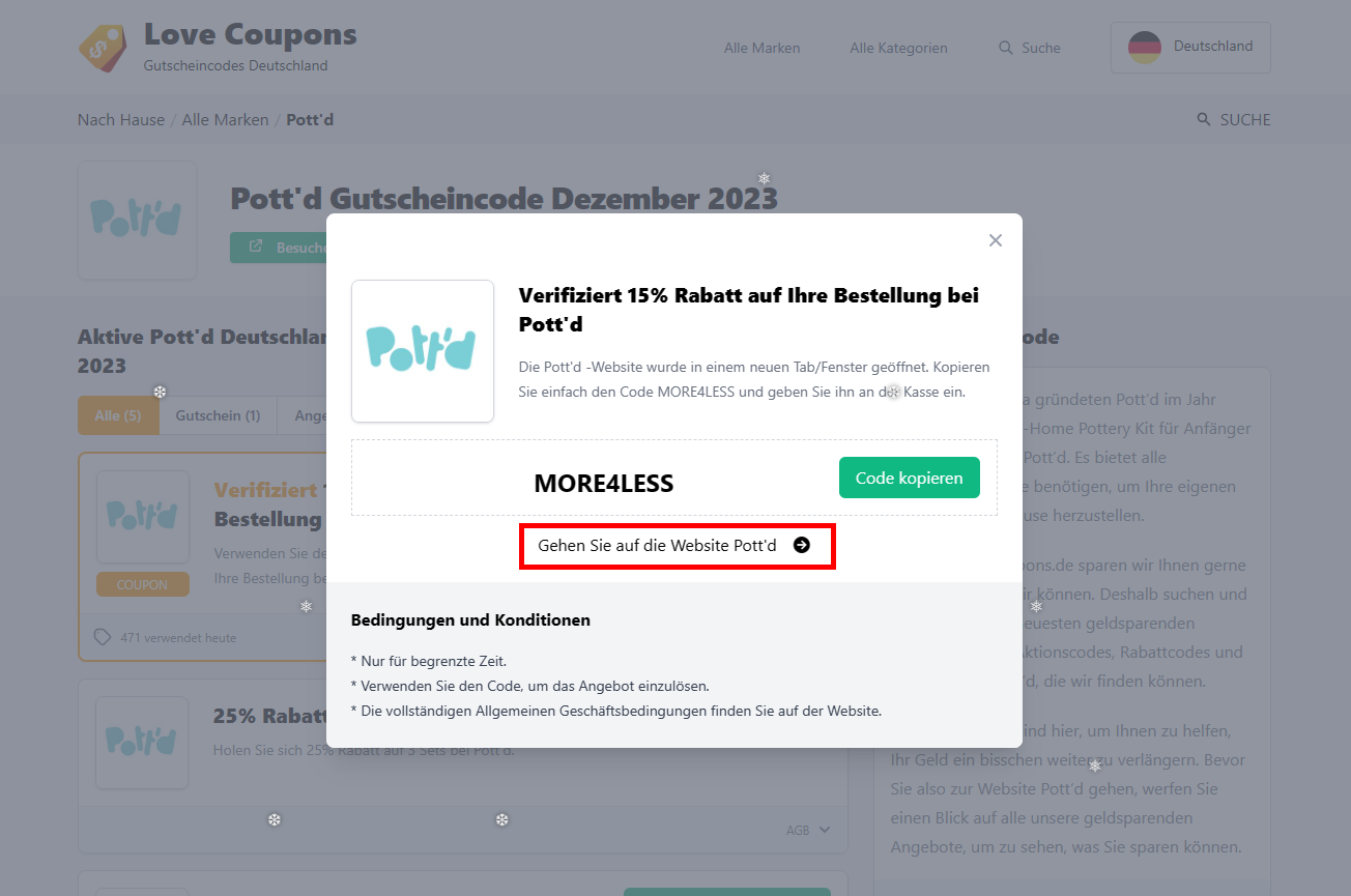Die Lovecoupons Seite mit einem offenen Pott'd Rabattcode und rotmarkiertem Link