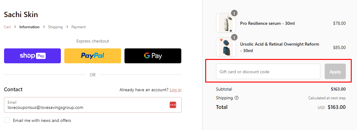 How do I use my Sachi Skin discount code?