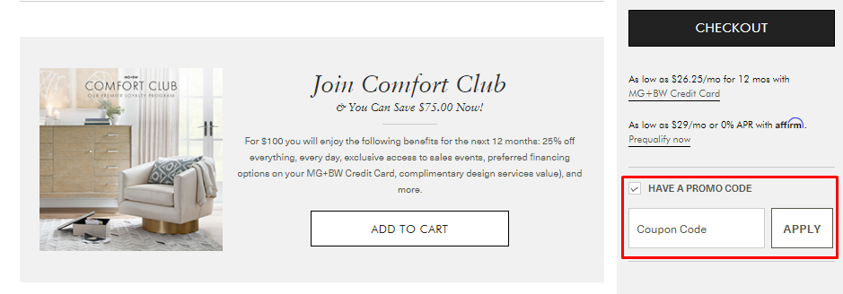 How do I use my Mitchell Gold + Bob Williams promo code?