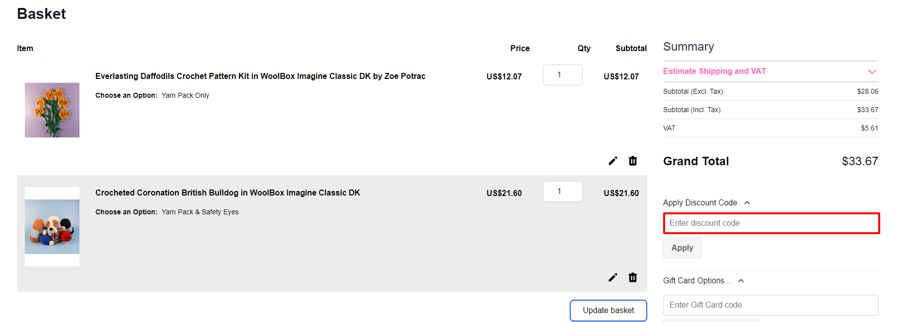The brand checkout page with where to add the Woolbox discount code highlighted with a red box