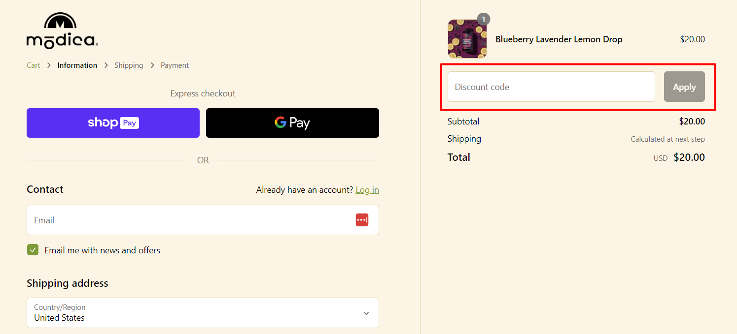 How do I use my Modica discount code?