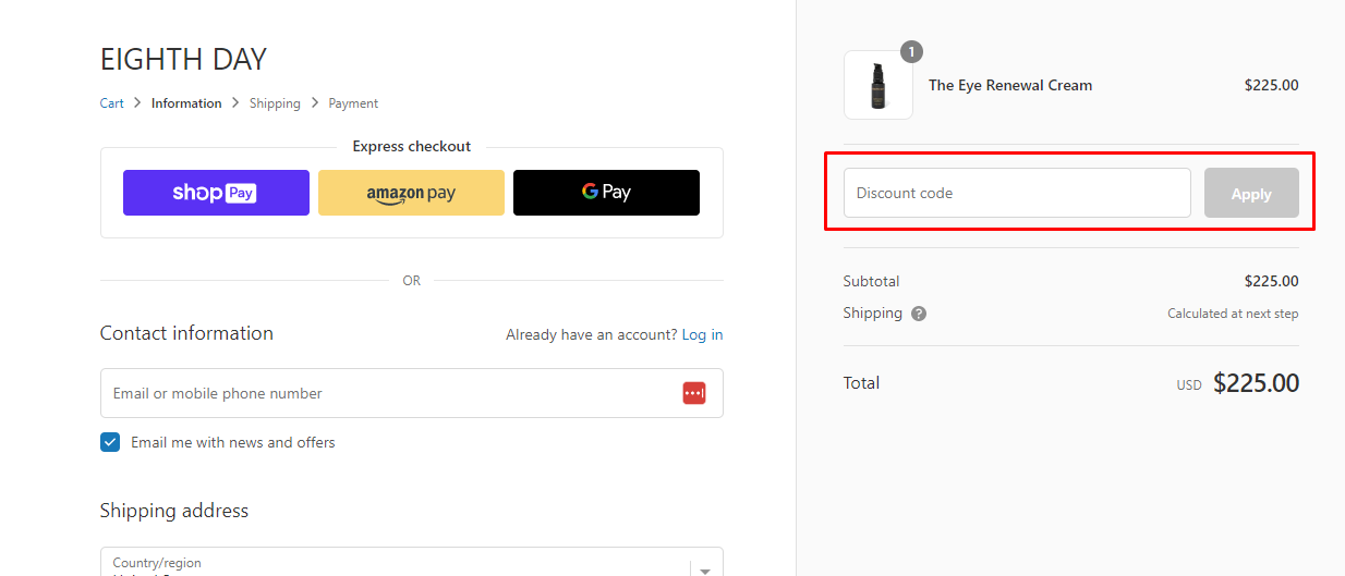 How do I use my Eighth Day discount code?