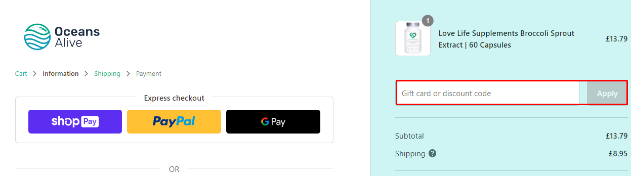 How do I use my Oceans Alive discount code?