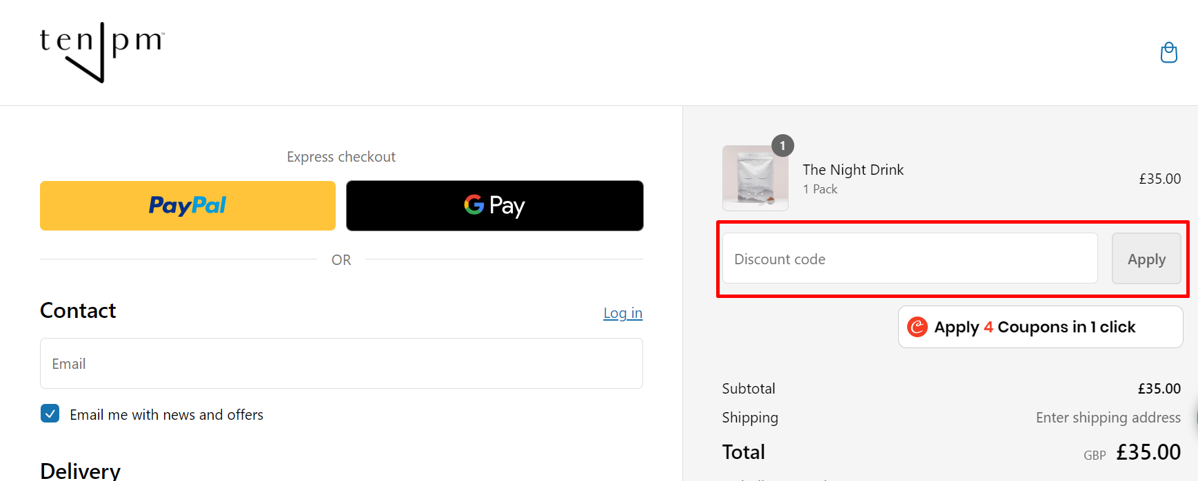 How do I use my Ten PM discount code?