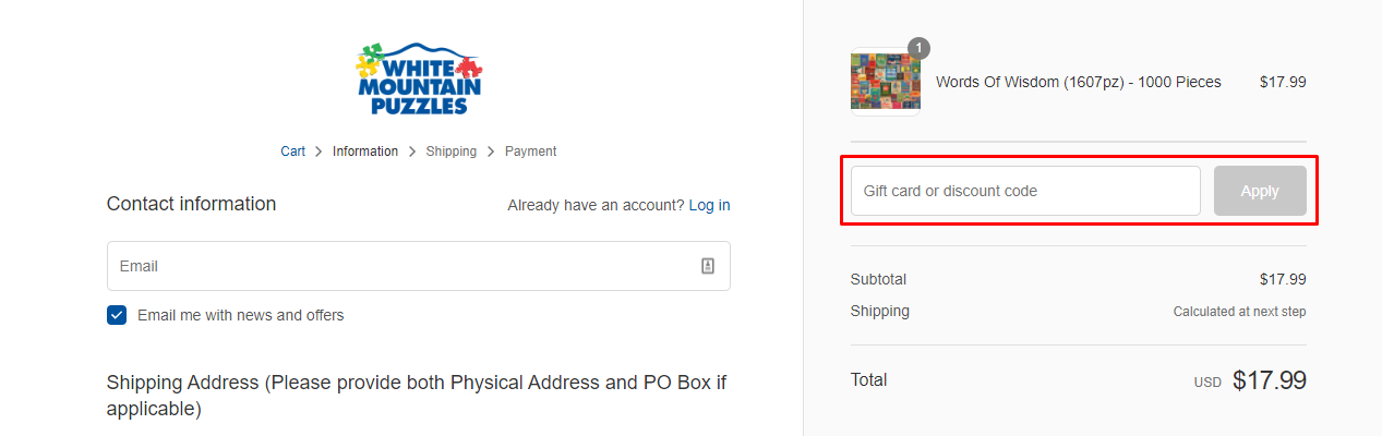 How do I use my White Mountain Puzzles discount code?